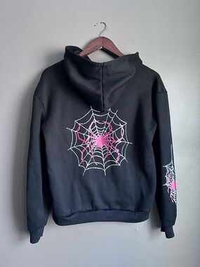 Spider Web Graphic Pullover Hoodie – Size Small | Black, Red & White